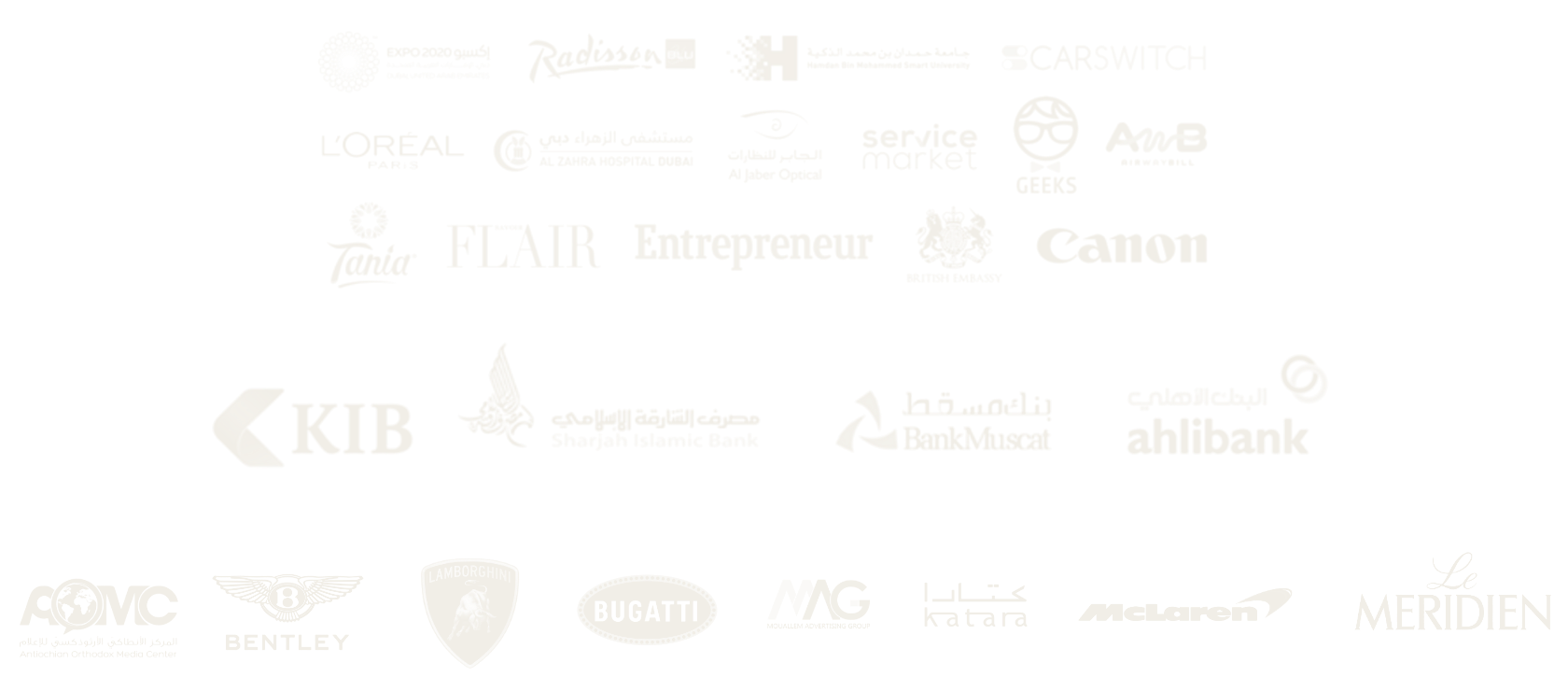 Client logos: Expo 2020 Dubai, Radisson Blu, L'Oréal, Canon, British Embassy, KIB, Sharjah Islamic Bank, BankMuscat, ahlibank, AOMC, Bentley, Lamborghini, Bugatti, Katara, McLaren, Le Méridien and more