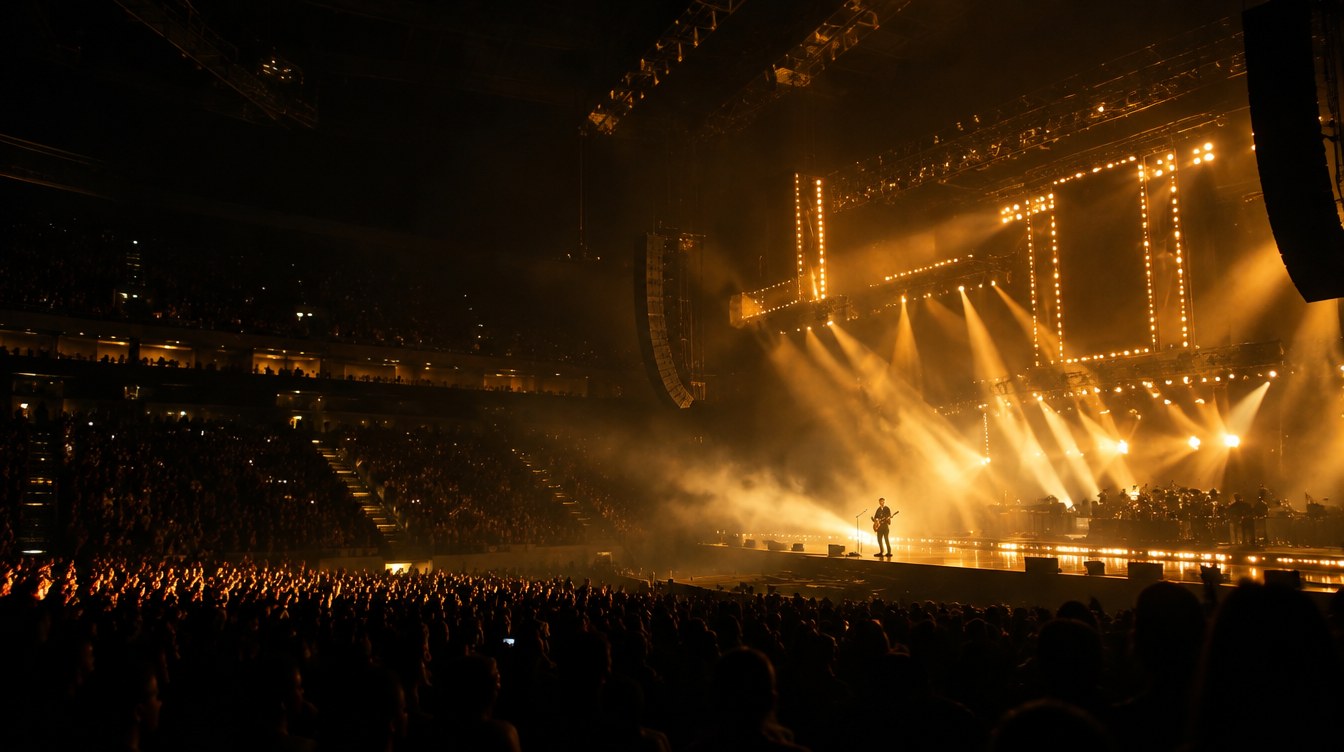 A live concert with warm gold lighting rigs and a large audience