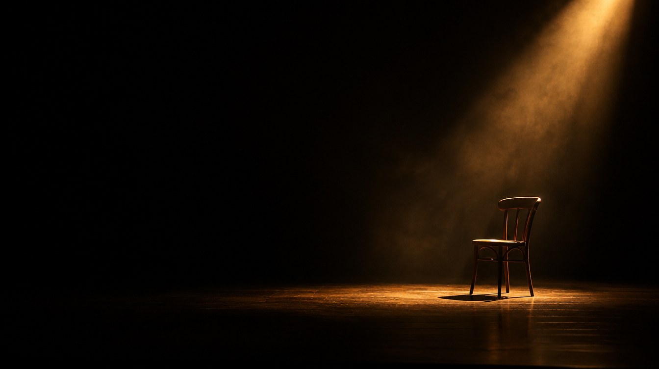 An empty stage with a single chair in warm light