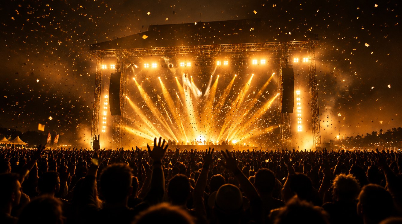 A crowd with arms raised under gold light