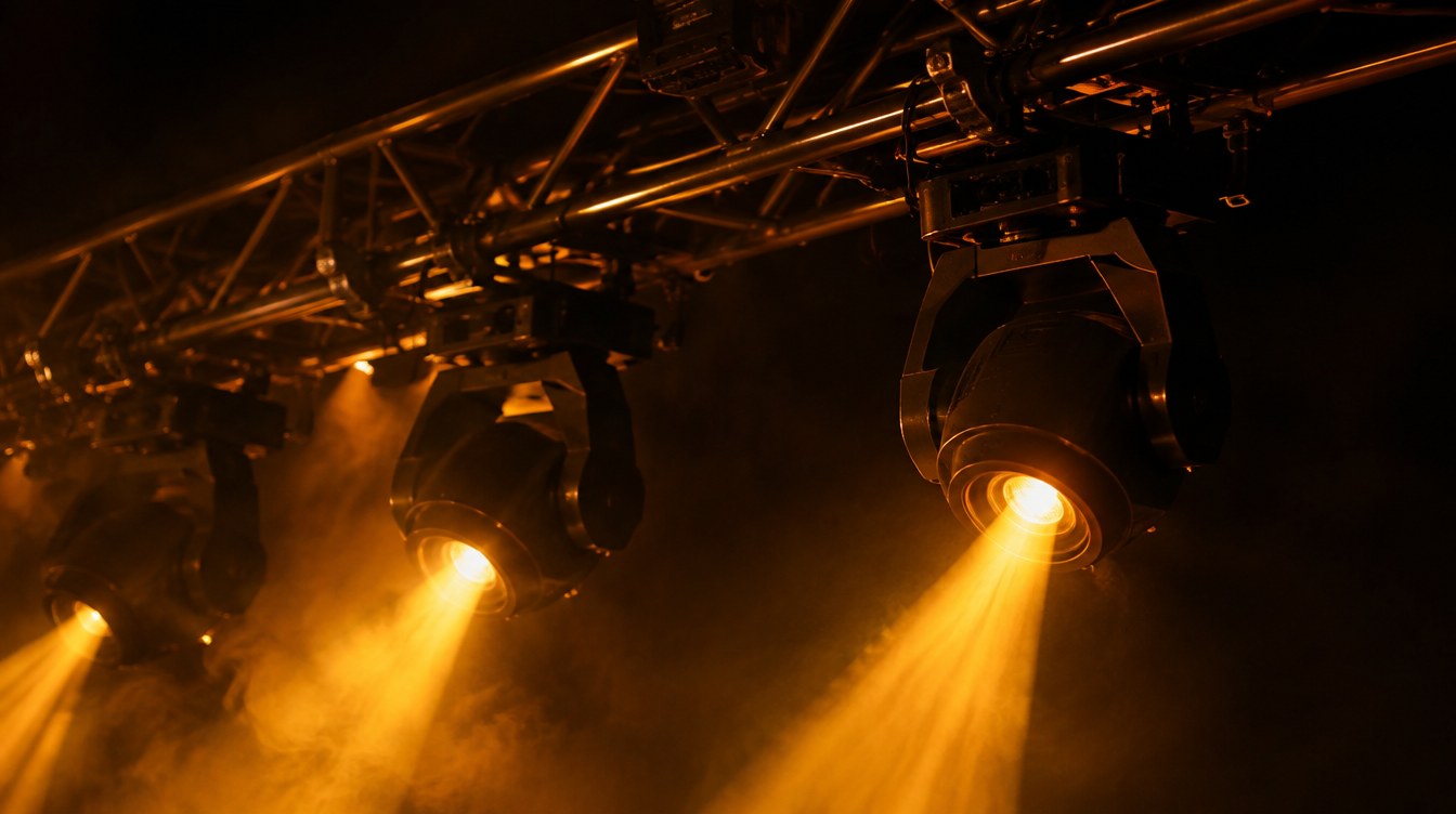 Moving-head lights firing gold beams through haze